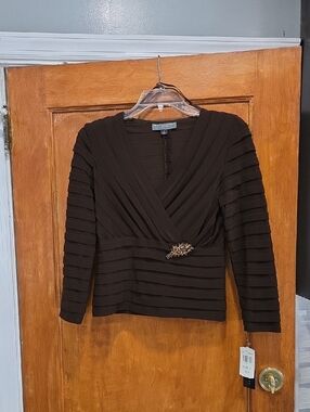 Pisarro Nights Chocolate Brown Pleated Wrap Blouse with Decorative Brooch